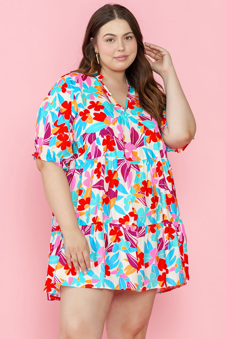 Floral Tiered V Neck Plus Dress-Lastshoppingexit