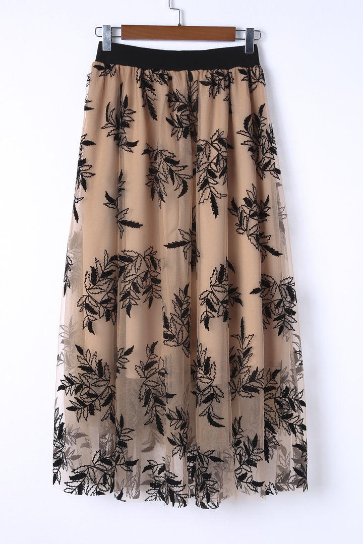 Floral Leaves Embroidered High Waist Maxi Skirt-Lastshoppingexit