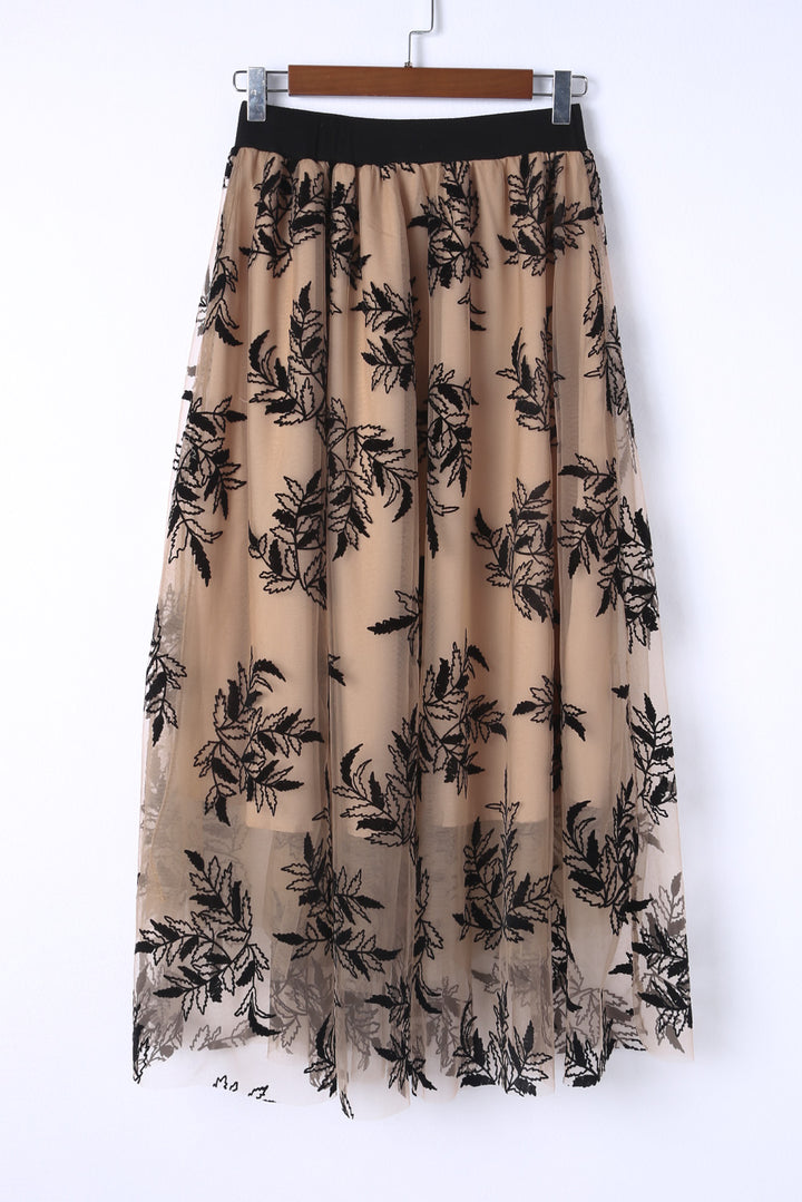 Floral Leaves Embroidered High Waist Maxi Skirt-Lastshoppingexit