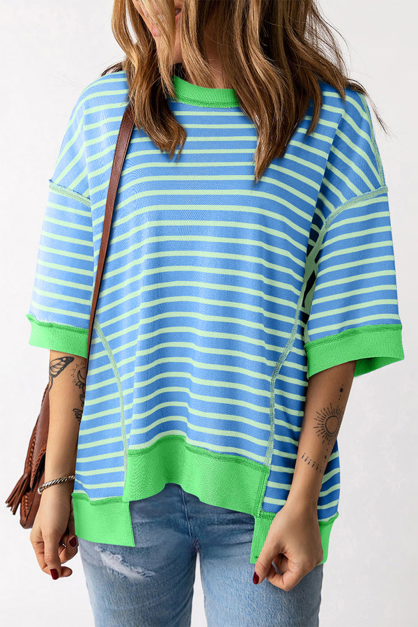 Stripe Oversized Contrast Trim Exposed Seam High Low T Shirt-Lastshoppingexit