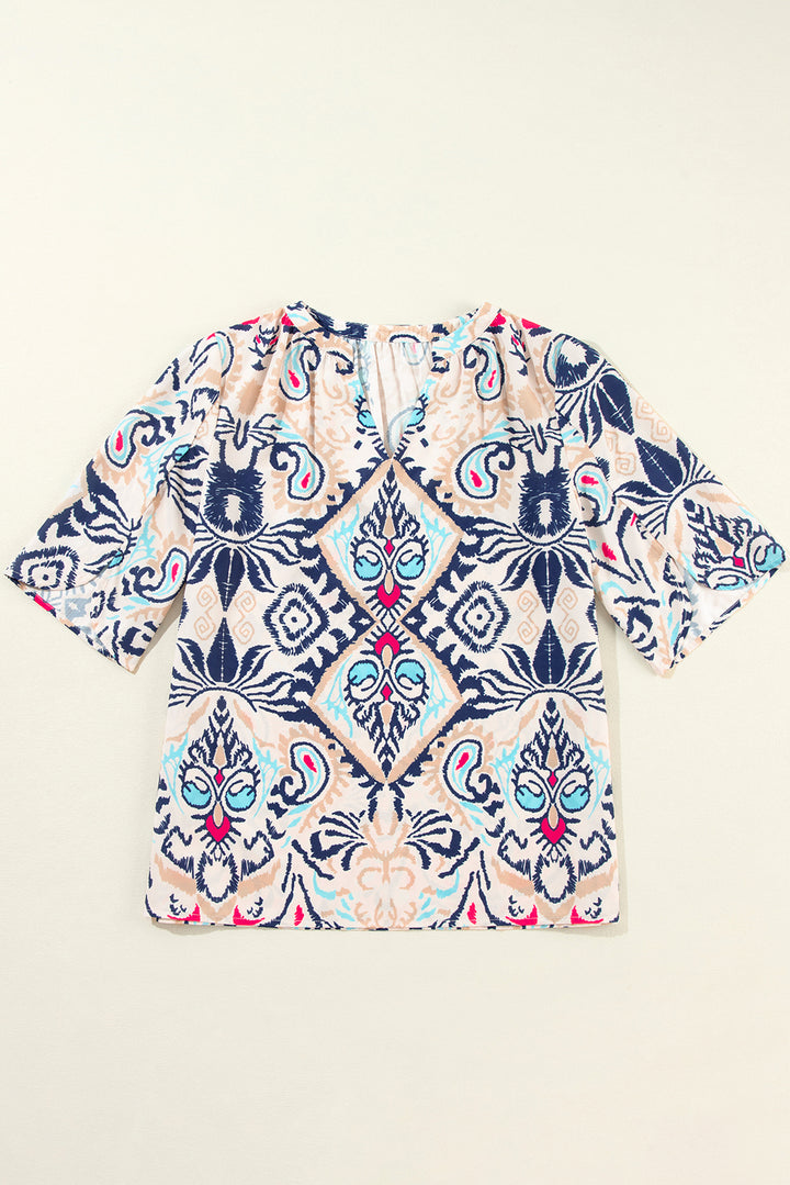 Abstract Printed Notched V Neck Split Blouse-Lastshoppingexit