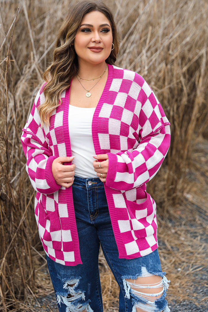 Bonbon Checkered Pattern Open Front Plus Size Cardigan-Lastshoppingexit