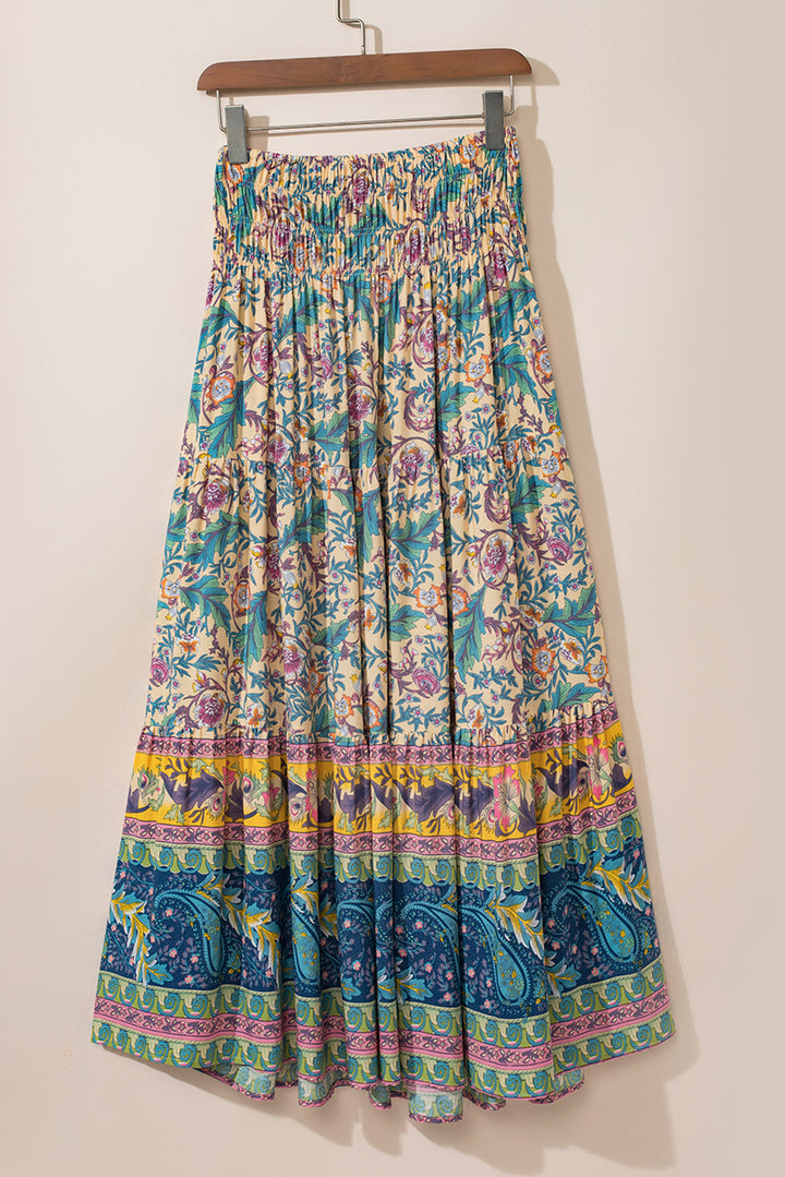 Floral & Paisley Print Shirred Waist Long Skirt-Lastshoppingexit