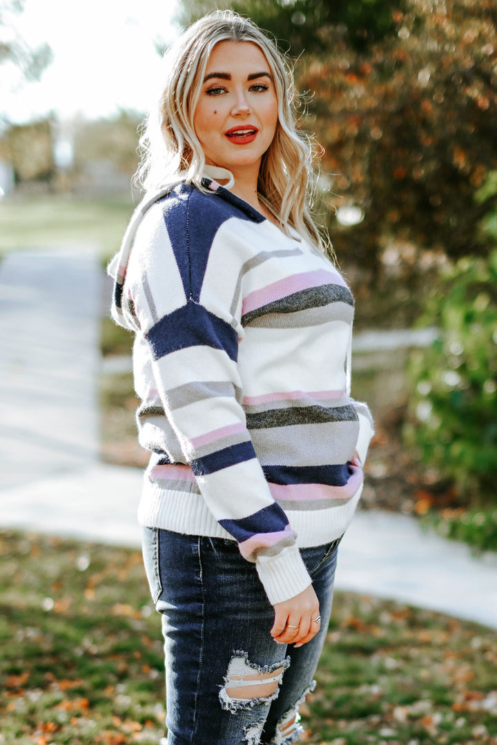 Stripe Plus Size Striped Hooded Knit Sweater-Lastshoppingexit