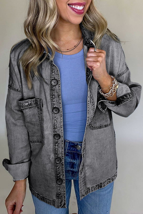 Mineral Wash Patched Pocket Split Denim Jacket-Lastshoppingexit