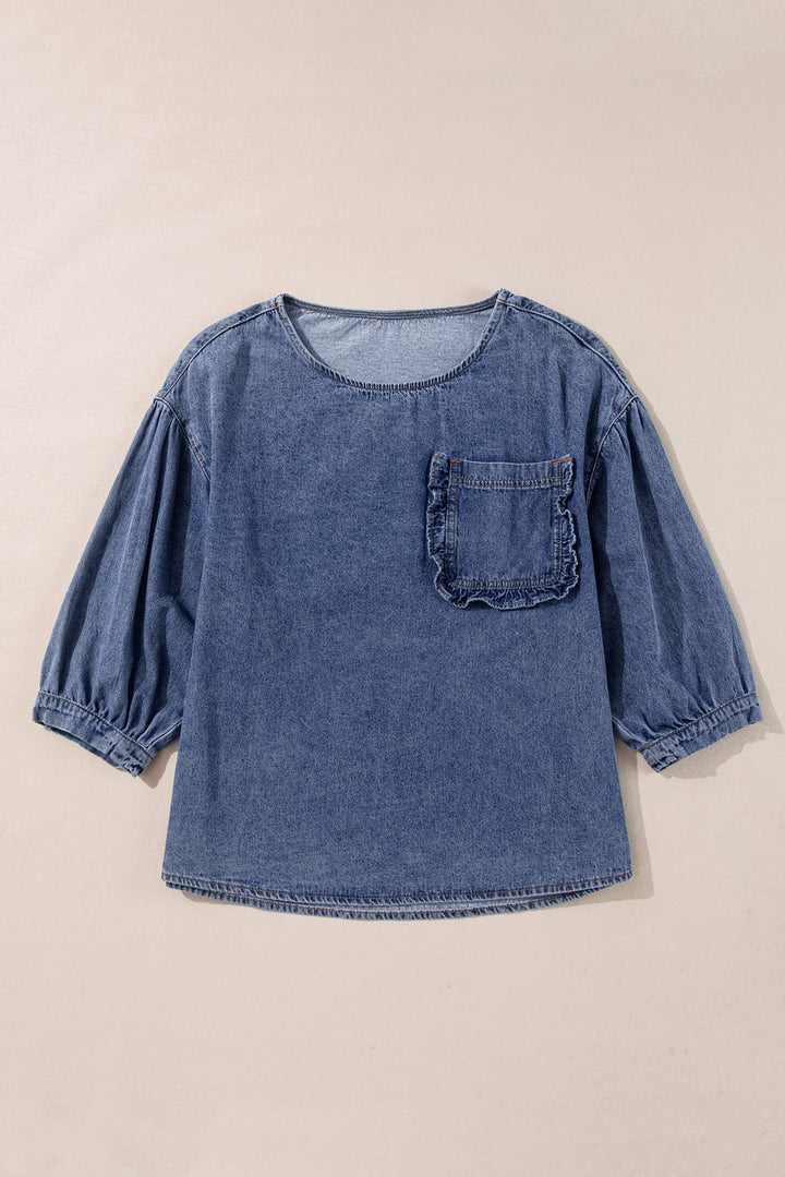 3/4 Sleeve Ruffled Patched Pocket Denim Blouse-Lastshoppingexit