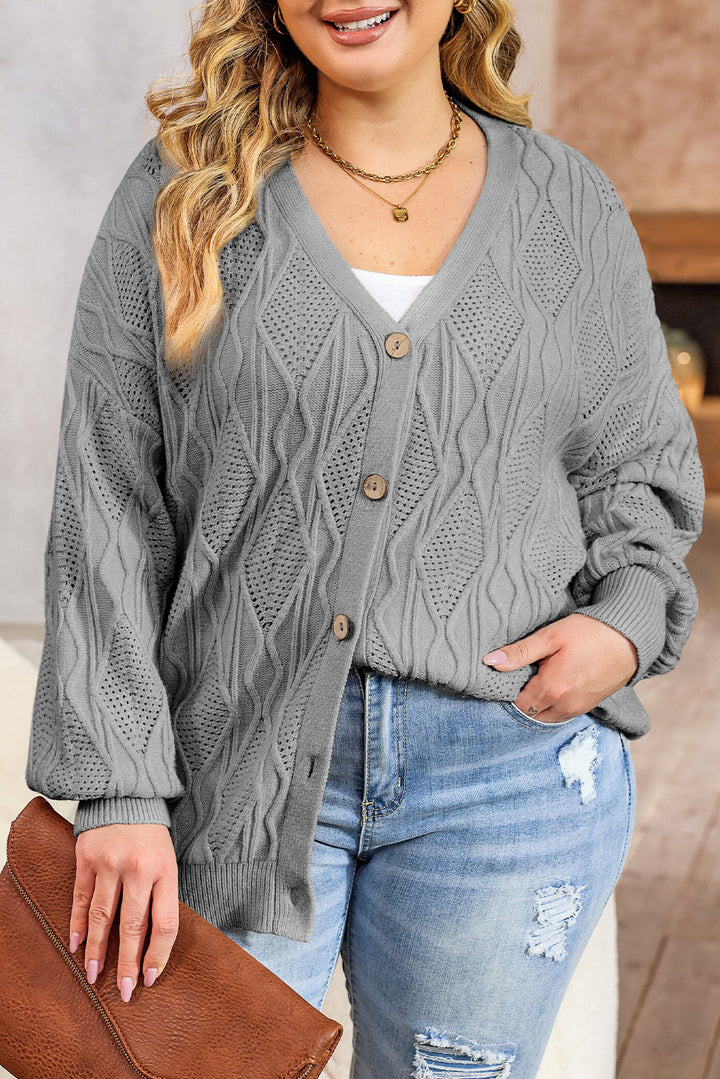 Apricot Plus Size Knitted Hollow out Button up Cardigan-Lastshoppingexit