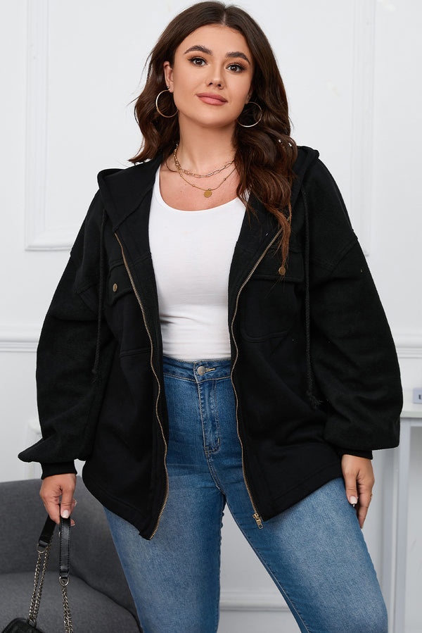 Plus Size Bishop Sleeve Zip Up Hooded Jacket-Lastshoppingexit