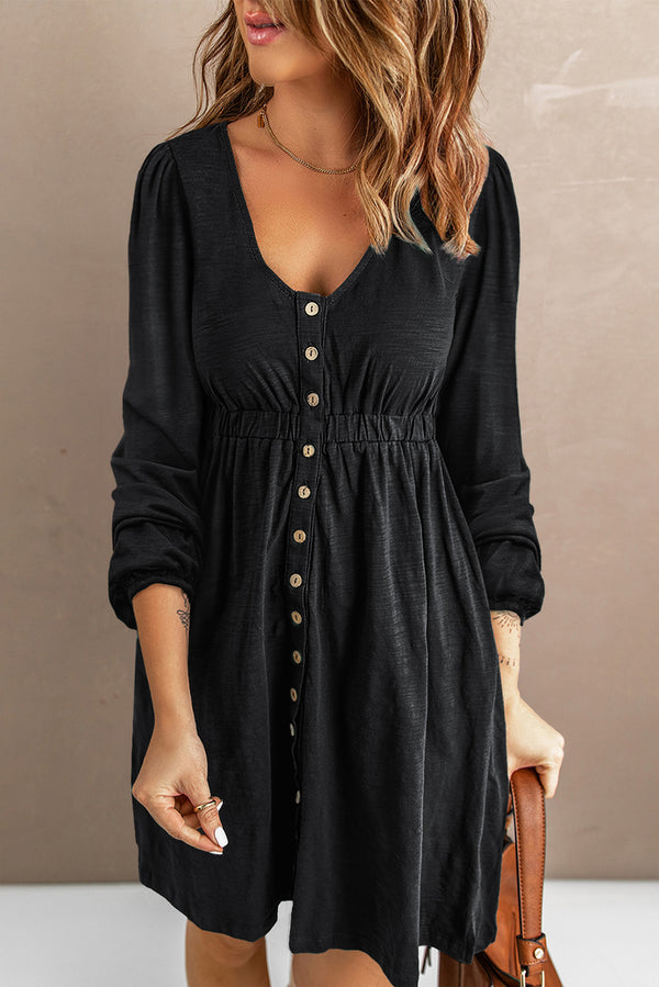 Button Up High Waist Long Sleeve Dress-Lastshoppingexit