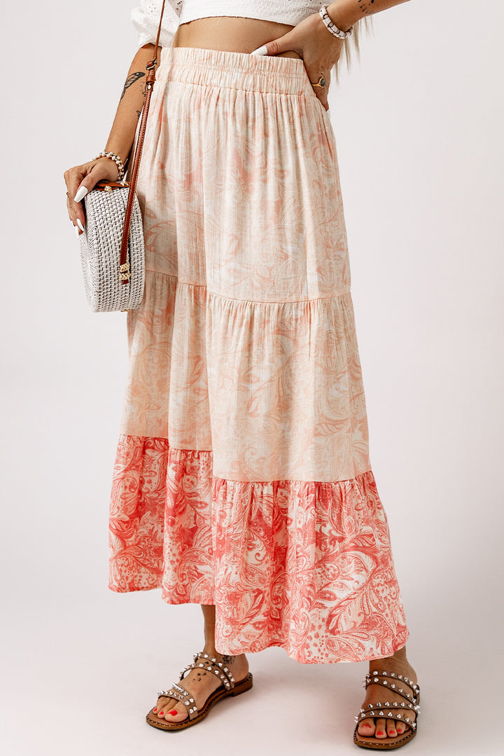 Floral Print Ruffle Hem Tiered Maxi Skirt-Lastshoppingexit