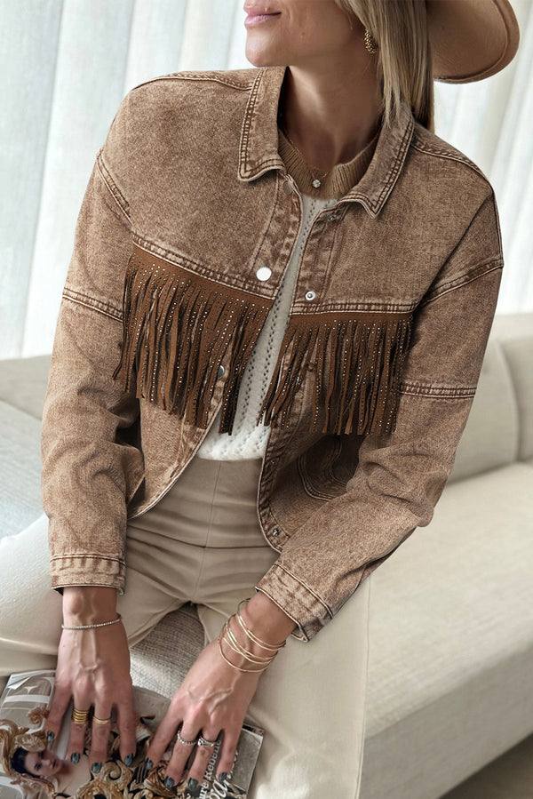 Rhinestone Fringed Cowgirl Fashion Denim Jacket-Lastshoppingexit