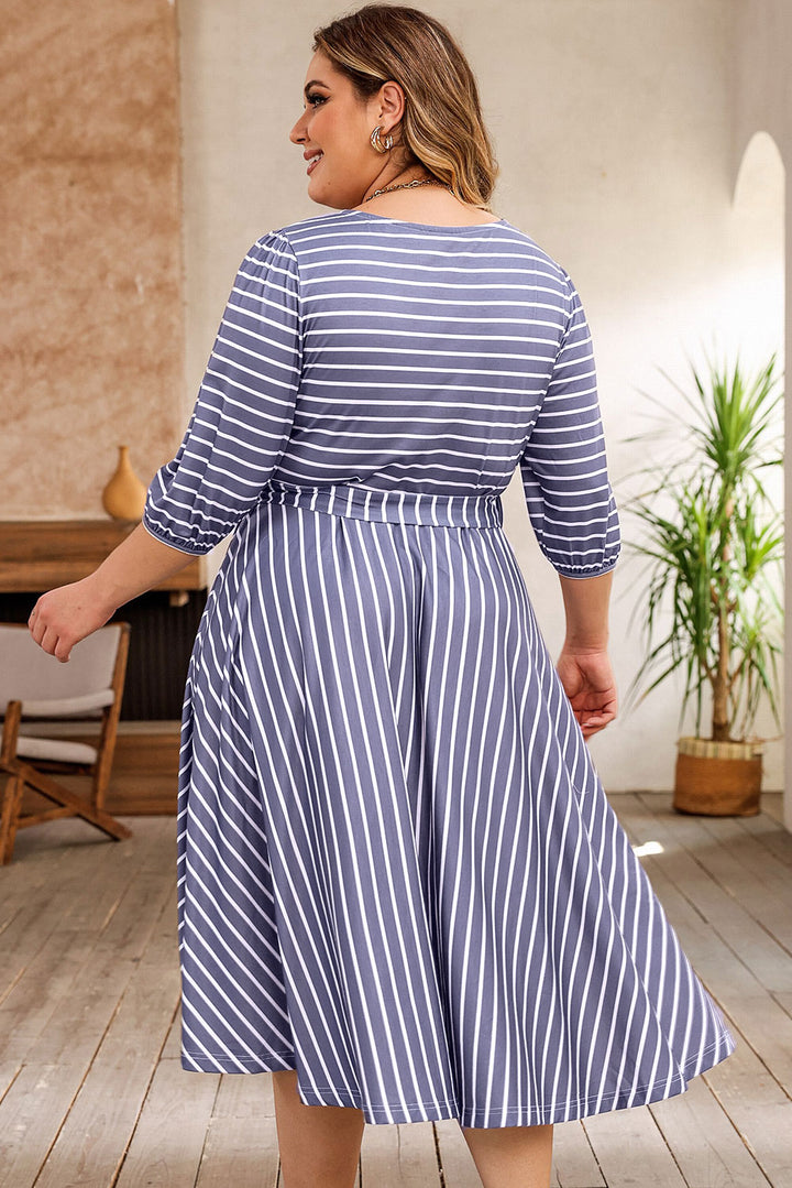 Striped Tie Waist 3/4 Sleeve Plus Size Dress-Lastshoppingexit