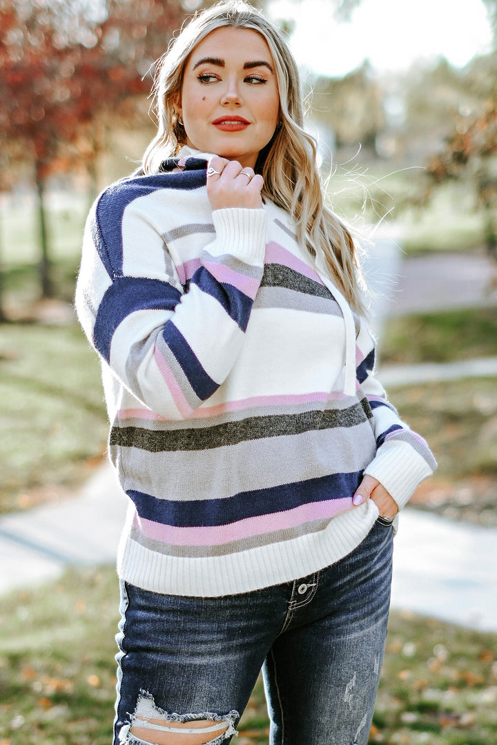 Stripe Plus Size Striped Hooded Knit Sweater-Lastshoppingexit