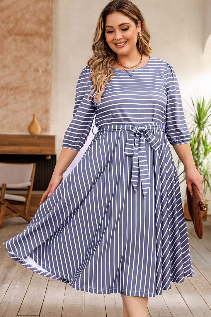 Striped Tie Waist 3/4 Sleeve Plus Size Dress-Lastshoppingexit