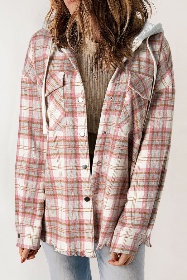 Plaid Flap Pocket Hooded Raw Hem Jacket-Lastshoppingexit