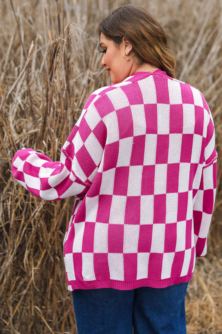 Bonbon Checkered Pattern Open Front Plus Size Cardigan-Lastshoppingexit