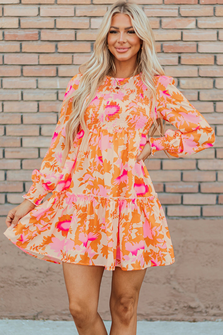 Abstract Print Smocked Lantern Sleeve Ruffle Mini Dress-Lastshoppingexit