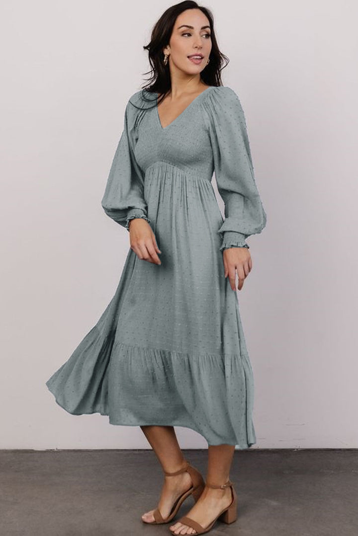 Smocked V Neck Swiss Dot Ruffle Long Sleeve Dress-Lastshoppingexit