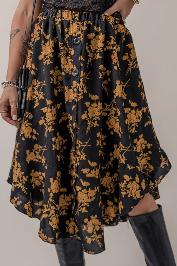 Printed Elastic Waist Button Decor Floral Ruffle Skirt-Lastshoppingexit