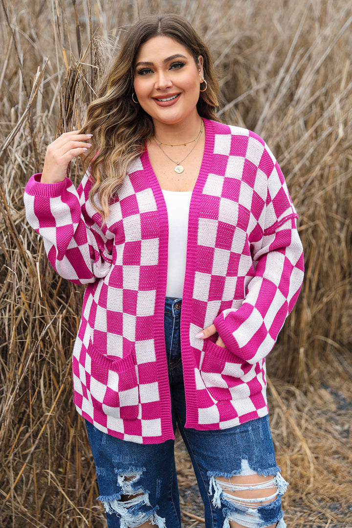 Bonbon Checkered Pattern Open Front Plus Size Cardigan-Lastshoppingexit