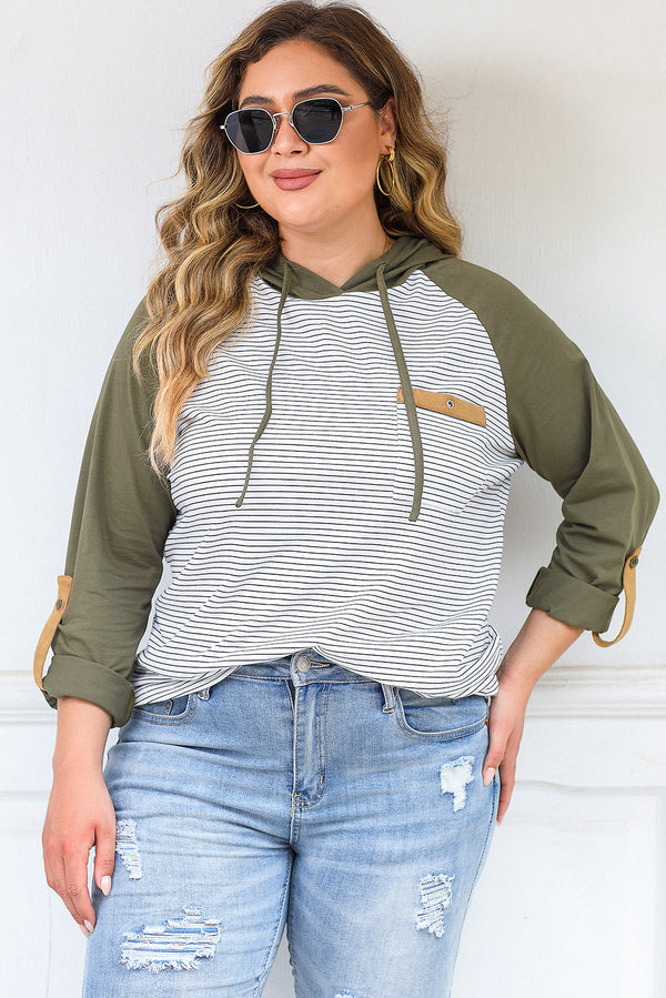 Striped Raglan Sleeve Buttoned Pocket Plus Size Hoodie-Lastshoppingexit