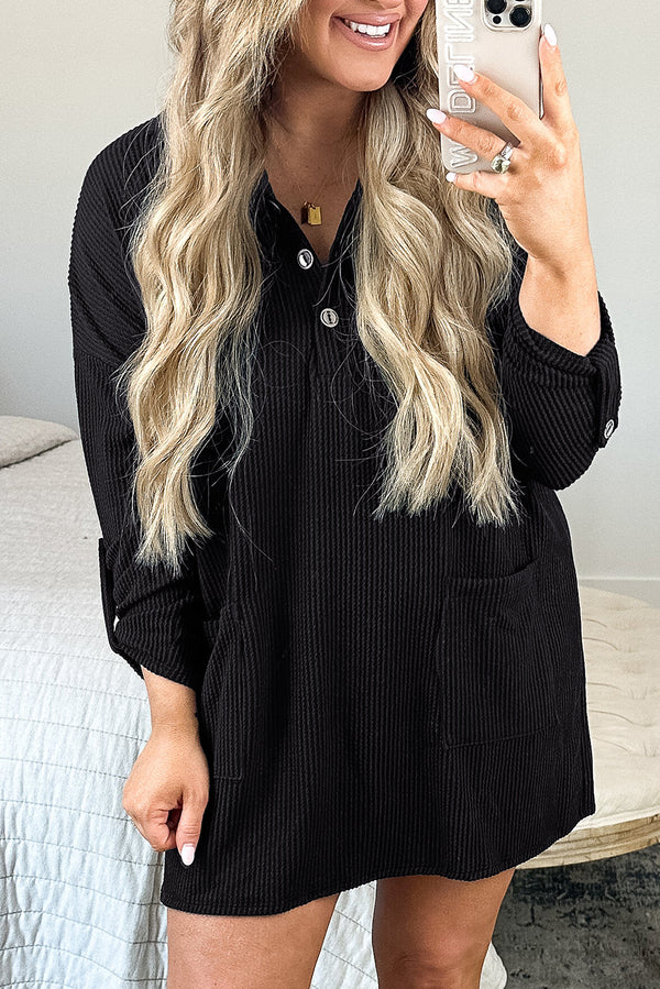 Ribbed Knit Buttoned Collared Roll Tab Sleeve Plus Size Mini Dress-Lastshoppingexit