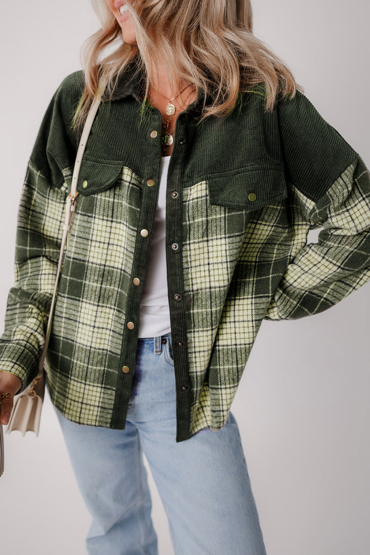 Blackish Snap Buttons Colorblock Plaid Shacket-Lastshoppingexit