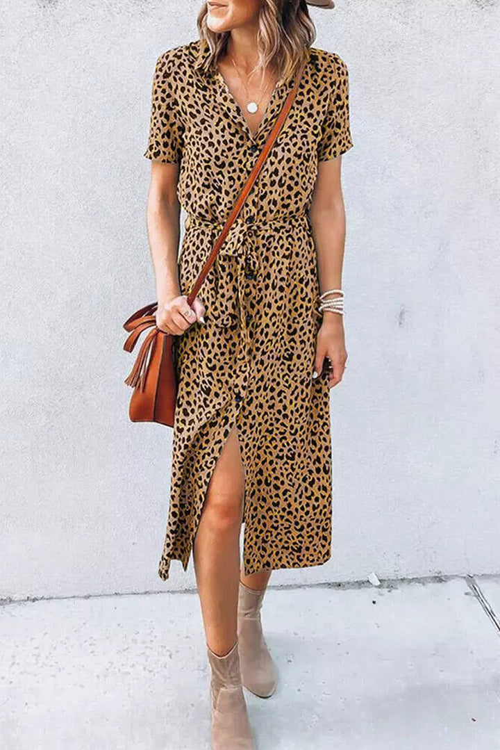 Leopard Turn-Down Collar Slit Midi Dress-Lastshoppingexit