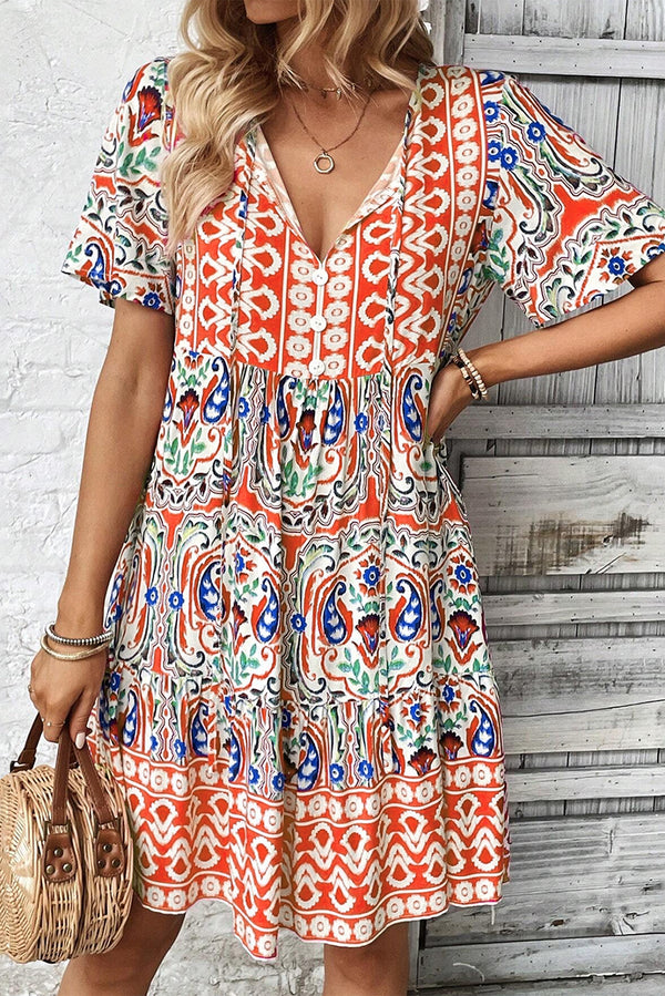 Bohemian Print Tie Neck Ruffle Hem Short Dress-Lastshoppingexit