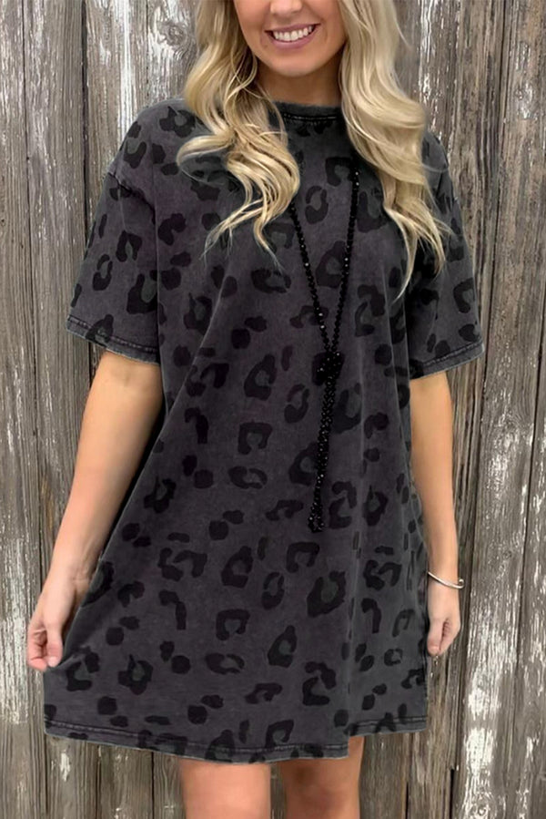 Vintage Washed Leopard T-Shirt Dress with Pockets-Lastshoppingexit