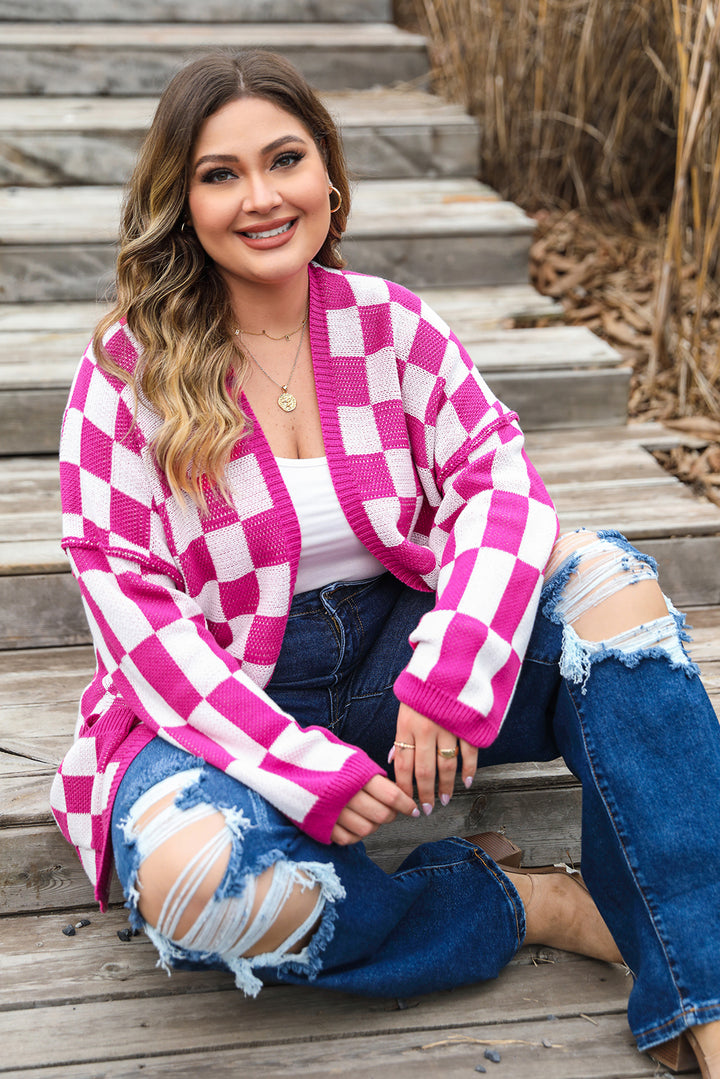 Bonbon Checkered Pattern Open Front Plus Size Cardigan-Lastshoppingexit