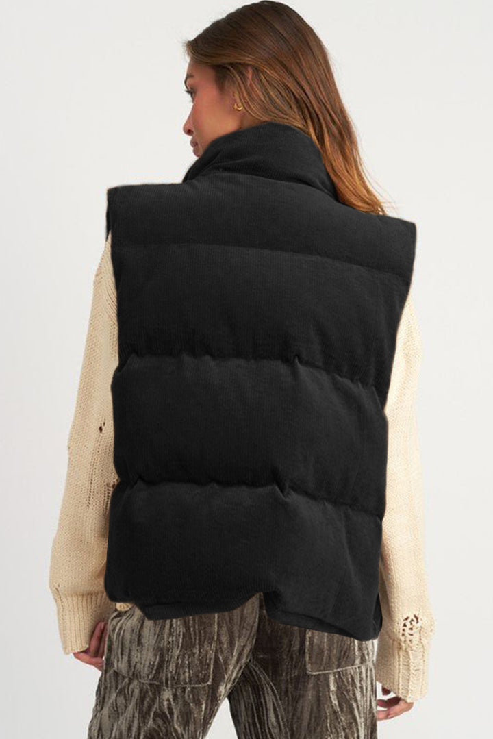 Corduroy Stand Neck Zipped Puffer Vest-Lastshoppingexit