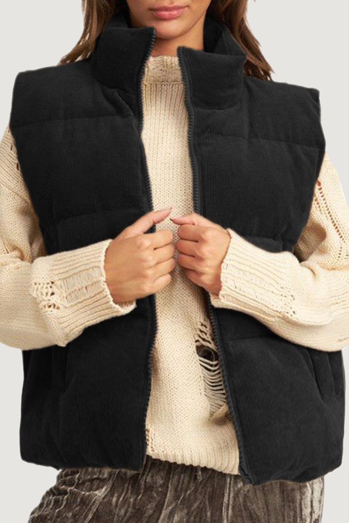 Corduroy Stand Neck Zipped Puffer Vest-Lastshoppingexit