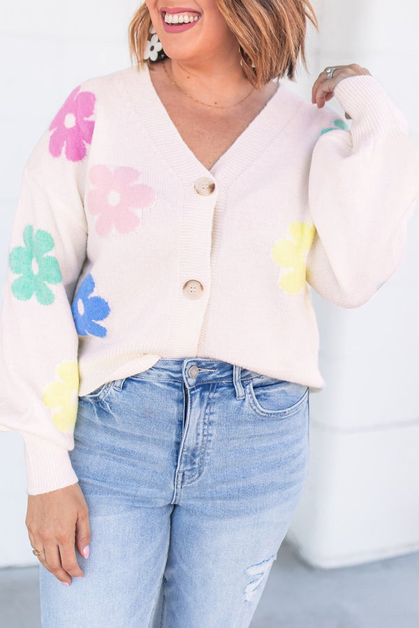 Floral Pattern V Neck Buttoned Plus Size Cardigan-Lastshoppingexit