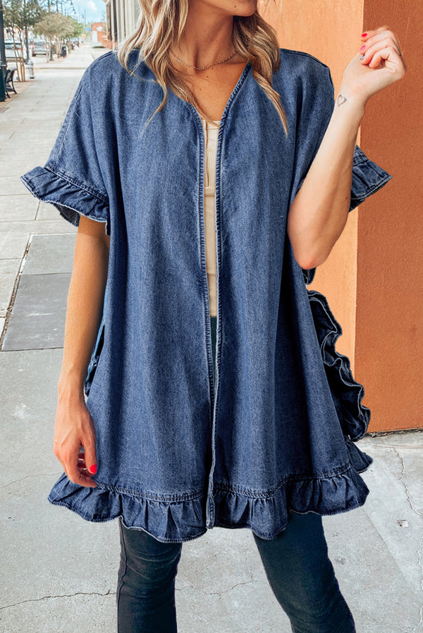 Chambray Ruffle Hem Half Sleeve Open Loose Kimono-Lastshoppingexit