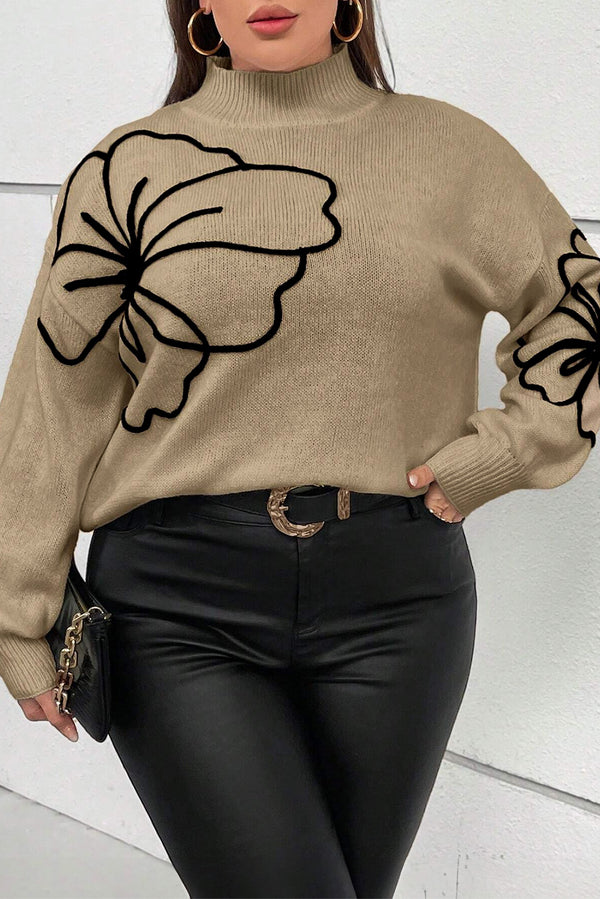 Plus Size Big Flower Pattern High Neck Drop Shoulder Sweater-Lastshoppingexit