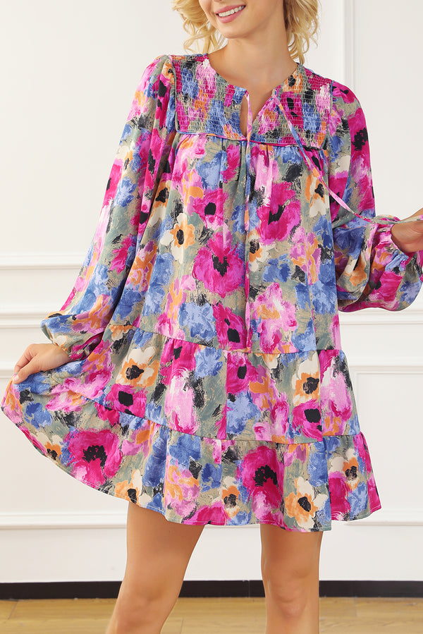 Multicolor Floral Tie Neck Bubble Sleeve Shift Dress-Lastshoppingexit