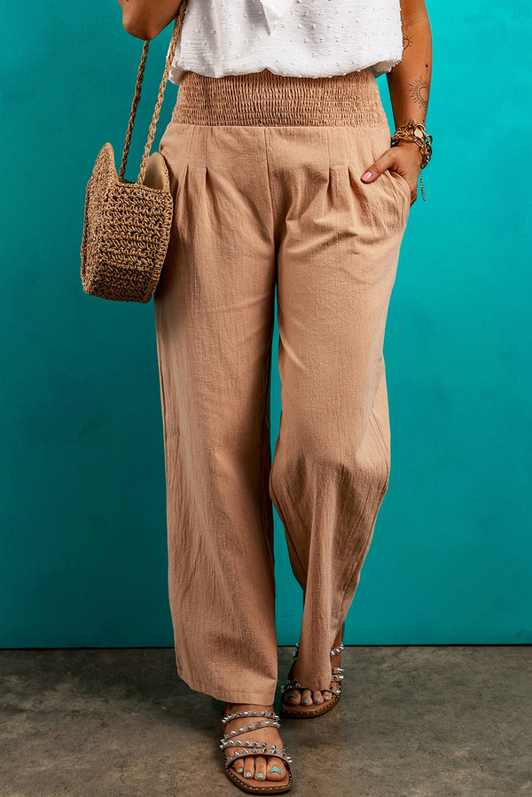 Clay Smocked Waist Loose Straight Leg Pants-Lastshoppingexit