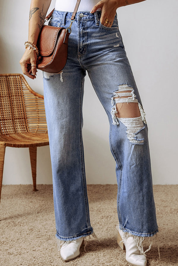 Distressed Raw Hem Straight Leg High Waist Jeans-Lastshoppingexit