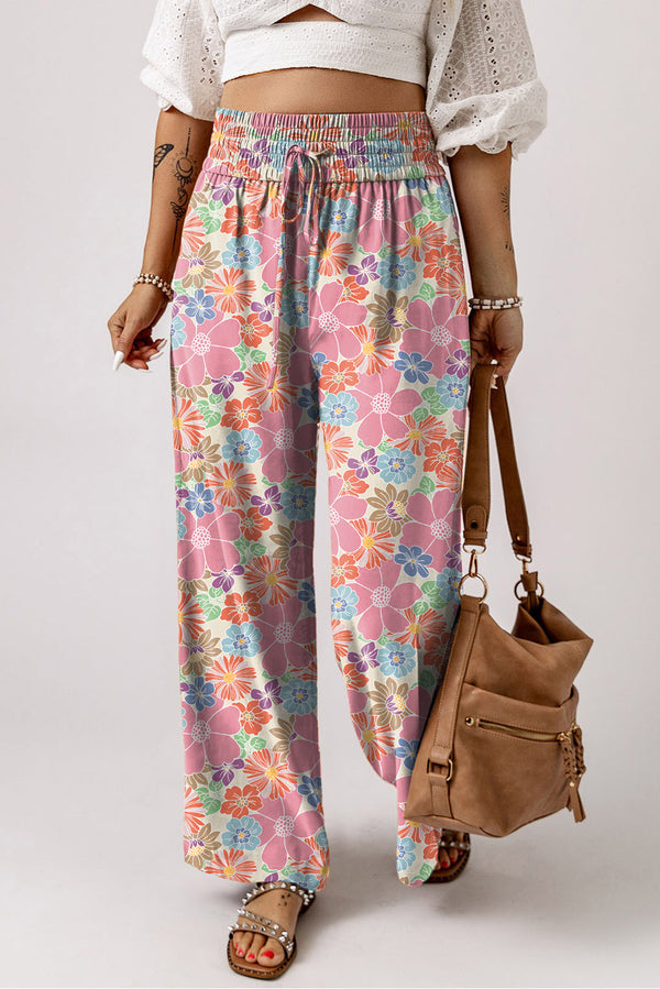 Floral Smocked Waist Loose Pants-Lastshippingexit