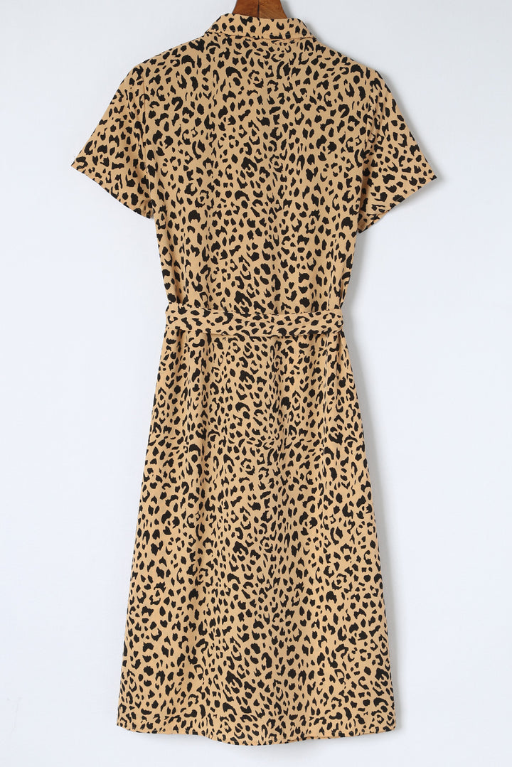 Leopard Turn-Down Collar Slit Midi Dress-Lastshoppingexit