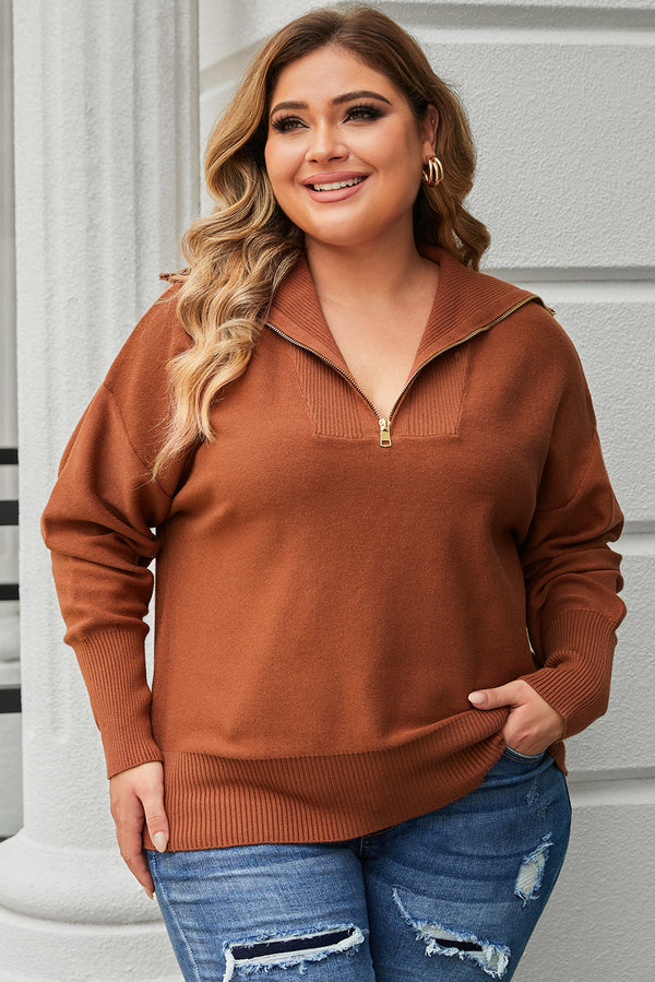 Solid Ribbed Trim Plus Size Zip Collar Sweater-Lastshoppingexit