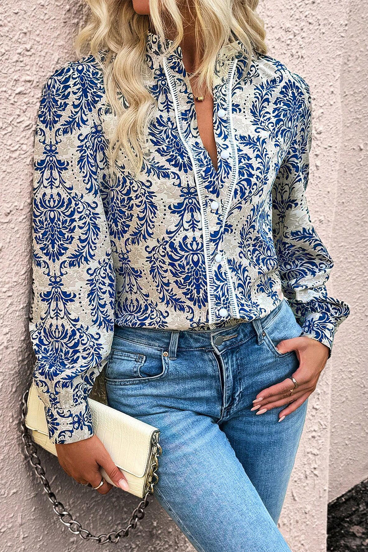 Bohemian Printed Bishop Sleeve Lace Shirt-Lastshoppingexit