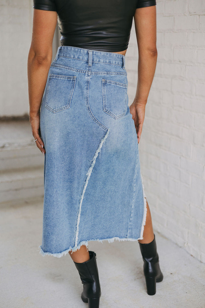 Frayed Slit Asymmetric Denim Midi Skirt-Lastshoppingexit