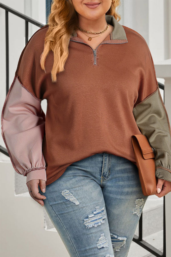 Plus Size Colorblock Exposed Seam Quarter Zip Sweatshirt-Lastshoppingexit