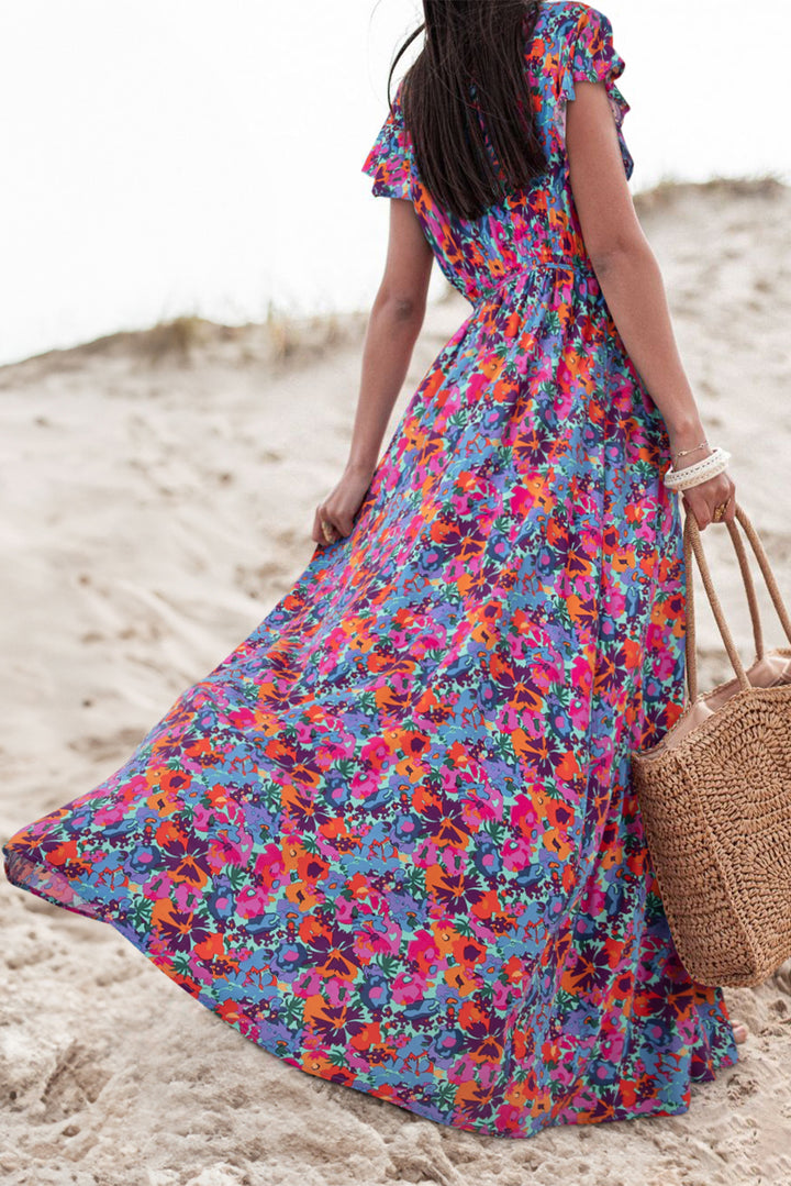 Floral Print V Neck Wrap Split Maxi Dress-Lastshoppingexit