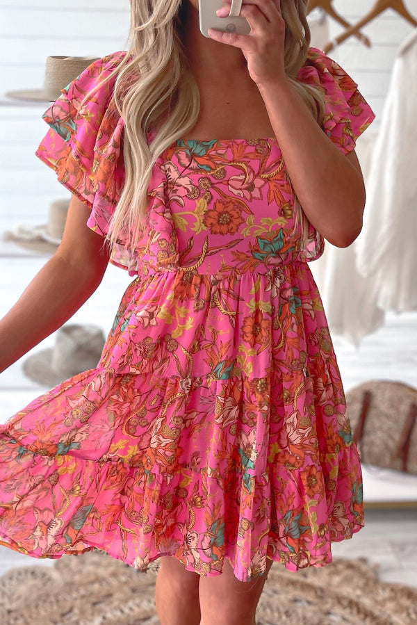 Floral Square Neck Ruffle Sleeve Tiered Dress-Lastshoppingexit