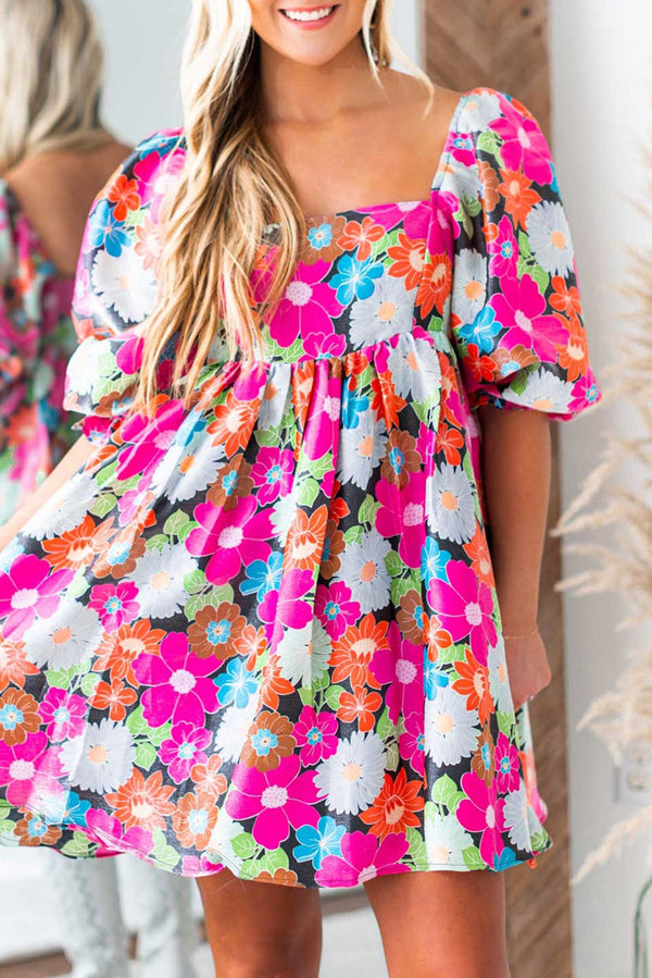 Floral Print Square Neck Short Puff Sleeve Dress-Lastshoppingexit