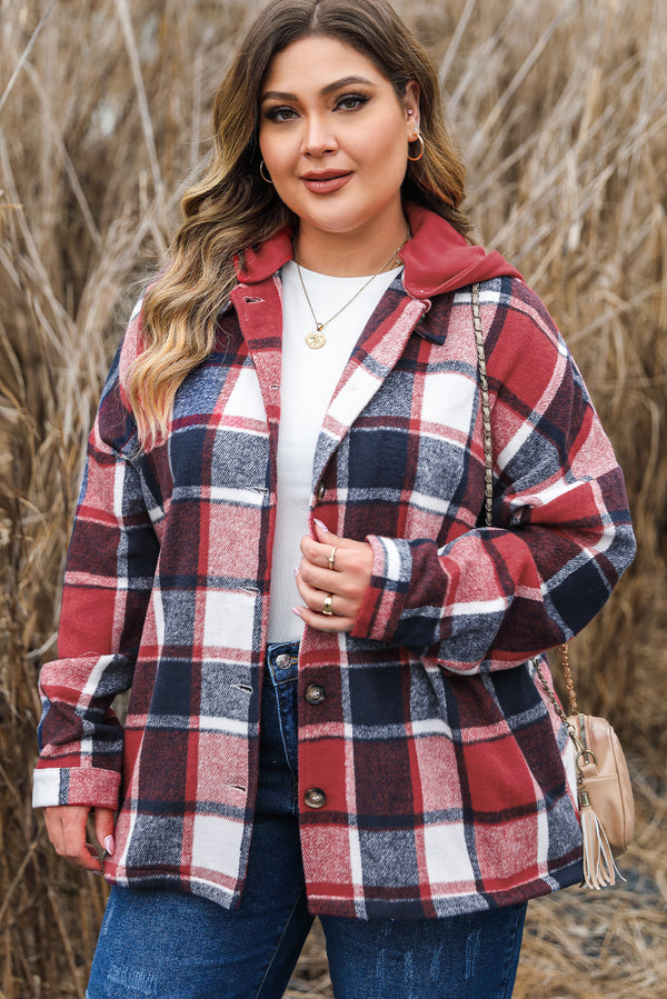 Printed Plus Size Plaid Button up Hooded Jacket-Lastshoppingexit