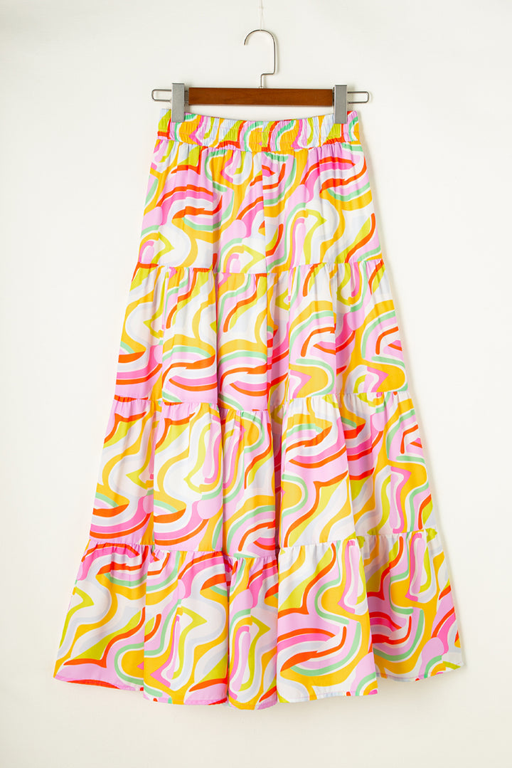 Abstract Print Tiered Flowy Maxi Skirt-Lastshoppingexit